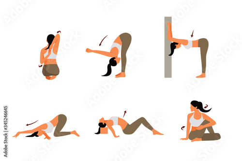 woman yoga pose for relief back pain stretching flat cartoon character design set