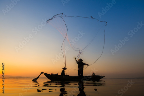fisherman asia silhouette morning sun rise