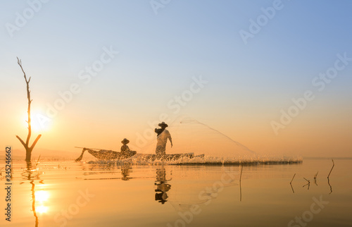 fisherman asia silhouette morning sun rise © spritekiku