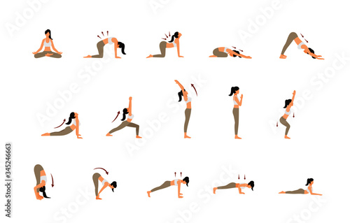 woman yoga pose for trunk and body stretching flat cartoon character design set