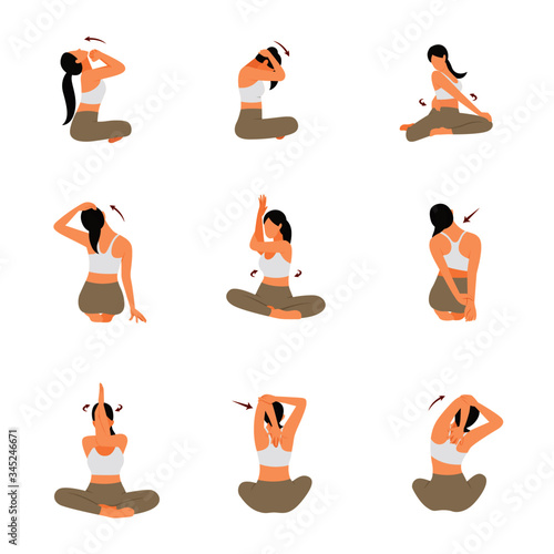 woman yoga pose for arm neck and shoulder stretching flat cartoon character design set