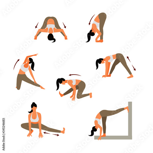 woman yoga pose for back hip and leg stretching flat cartoon character design set