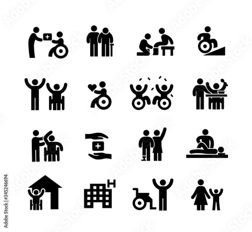 disability people care activities icon set, simple black flat style