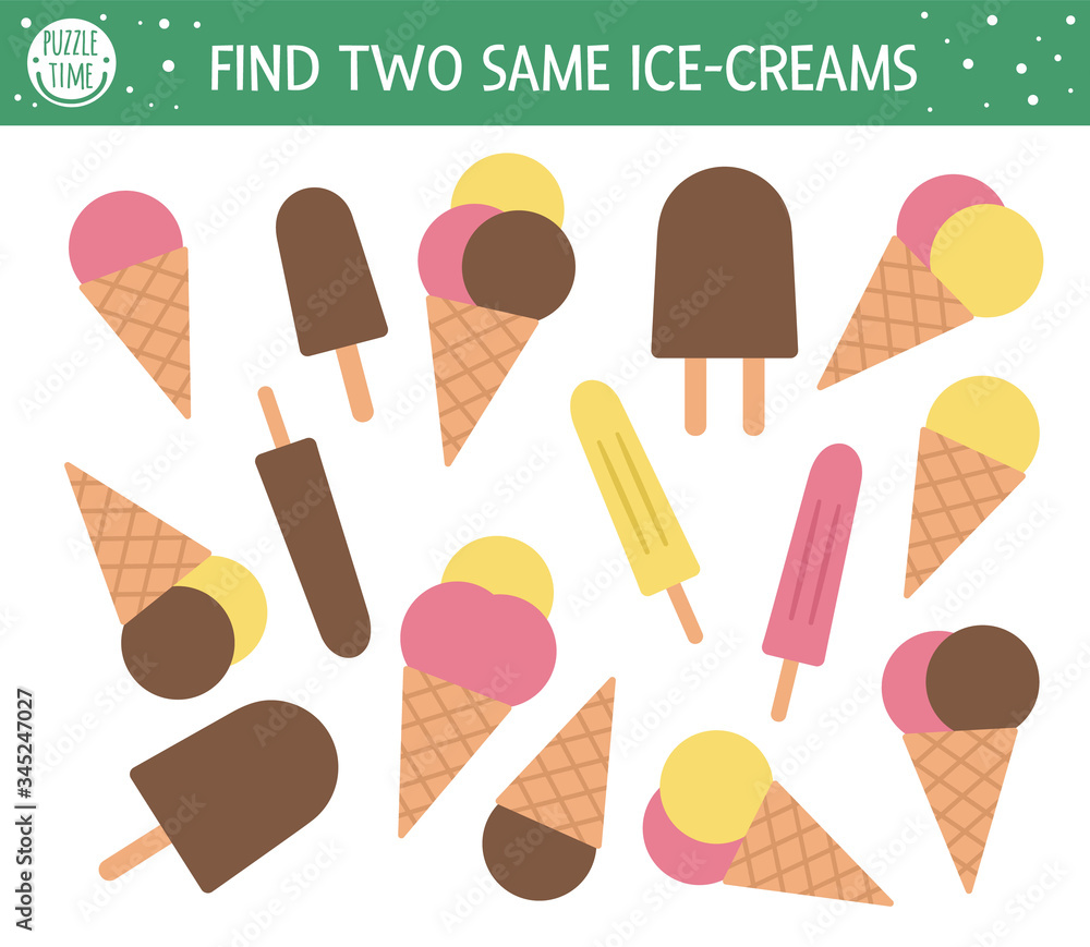 Find two same ice-creams. Summer matching activity for preschool children with different ice cream. Funny holiday activity for kids. Logical quiz worksheet. Simple printable game for kids. Find two same ice-creams. Summer matching activity for preschool children with different ice cream. Funny holiday activity for kids. Logical quiz worksheet. Simple printable game for kids.