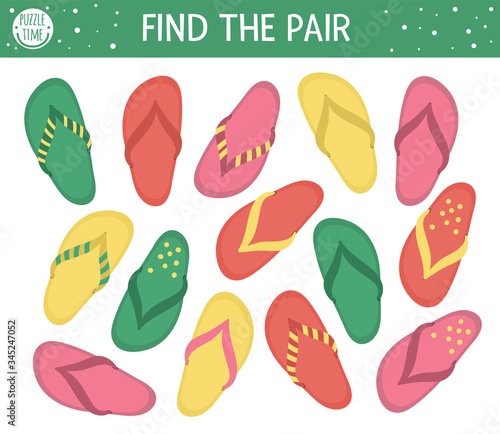 Find two same flip-flops. Summer matching activity for preschool children with beach shoes. Funny holiday activity for kids. Logical quiz worksheet. Simple printable game for kids.