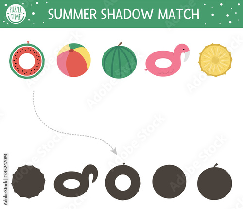 Summer shadow matching activity for children. Preschool sea vacation puzzle. Cute exotic educational riddle. Find the correct silhouette printable worksheet. Simple beach holiday game for kids.