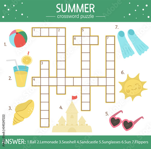 Vector summer crossword puzzle for kids. Simple quiz with beach objects for children. Educational sea vacation activity with cute funny characters.
