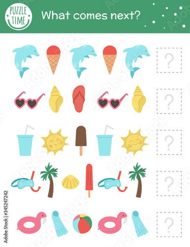 What comes next. Summer matching activity for preschool children with beach objects. Funny sea vacation puzzle for kids. Logical quiz worksheet. Continue the row. Simple game for kids.