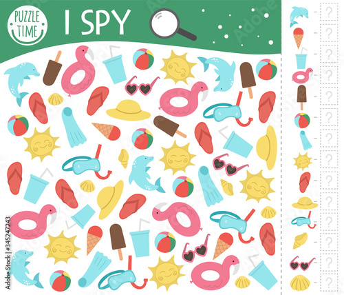 Summer I spy game for kids. Beach holiday searching and counting activity for preschool children with cute elements. Funny sea vacation printable worksheet for kids. Simple summer spotting puzzle..