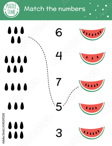 Matching game with watermelon slice and seeds. Summer math activity for preschool children. Tropical counting worksheet. Educational printable with cute funny elements for kids.