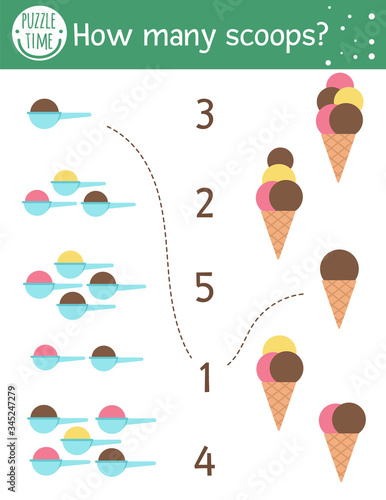 Matching game with ice-cream cones and scoops. Summer food math activity for preschool children. Beach holiday counting worksheet. Educational printable with cute funny elements for kids.