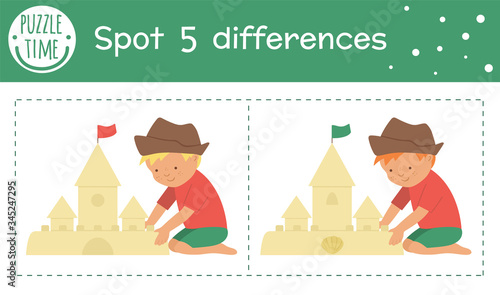 Summer find differences game for children. Beach holiday preschool activity with boy building sandcastle. Printable worksheet with cute funny smiling characters..