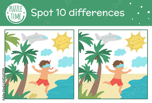 Summer find differences game for children. Beach holiday preschool activity with boy running to the sea. Printable worksheet with cute funny smiling character..