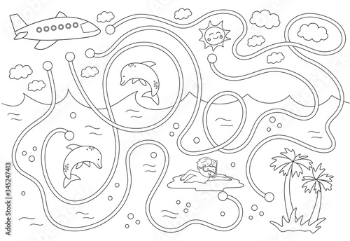 Summer black and white maze for children. Preschool exotic activity. Funny puzzle with cute airplane, swimming boy, dolphins. Help the plane fly to the tropical island. Holiday coloring game for kids.
