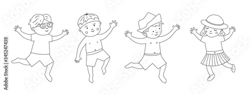 Vector summer set with children in swimming suits with beach objects. Cute black and white happy kids collection. Fun sea holidays line illustration. Summer coloring page..