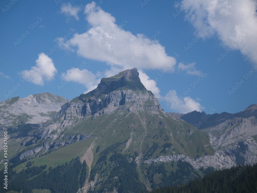 The top of the green alpine mountains scratching the clean blue sky on a sunny day seen by the bottom of the mountain