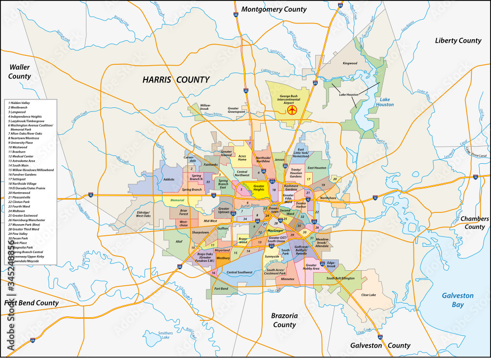 vector neighborhood map of the Texas city of Houston, United States