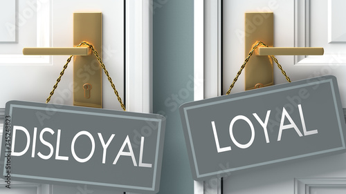 loyal or disloyal as a choice in life - pictured as words disloyal, loyal on doors to show that disloyal and loyal are different options to choose from, 3d illustration