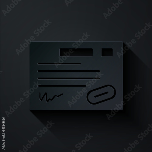 Paper cut Warranty certificate template icon isolated on black background. Paper art style. Vector Illustration