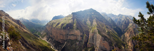 Chegem, Paragram, Kabardino-Balkar Republic. Chegem gorge. Panorama of mountains and gorges on a clear Sunny day.