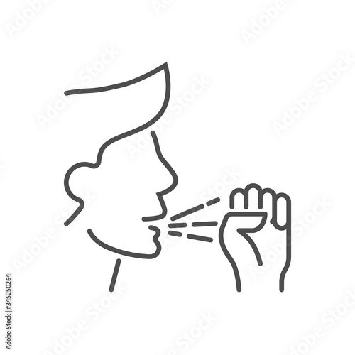 Cough related vector thin line icon. Man coughs into a fist. Isolated on white background. Editable stroke. Vector illustration.