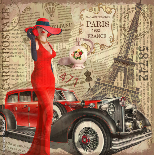 Vintage poster Paris torn newspaper background.