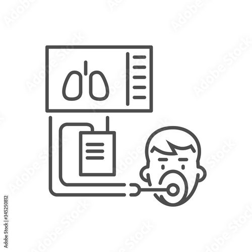 Medical ventilator related vector thin line icon. Ventilator with the image of the lungs and a human head with a mask. Isolated on white background. Editable stroke. Vector illustration.