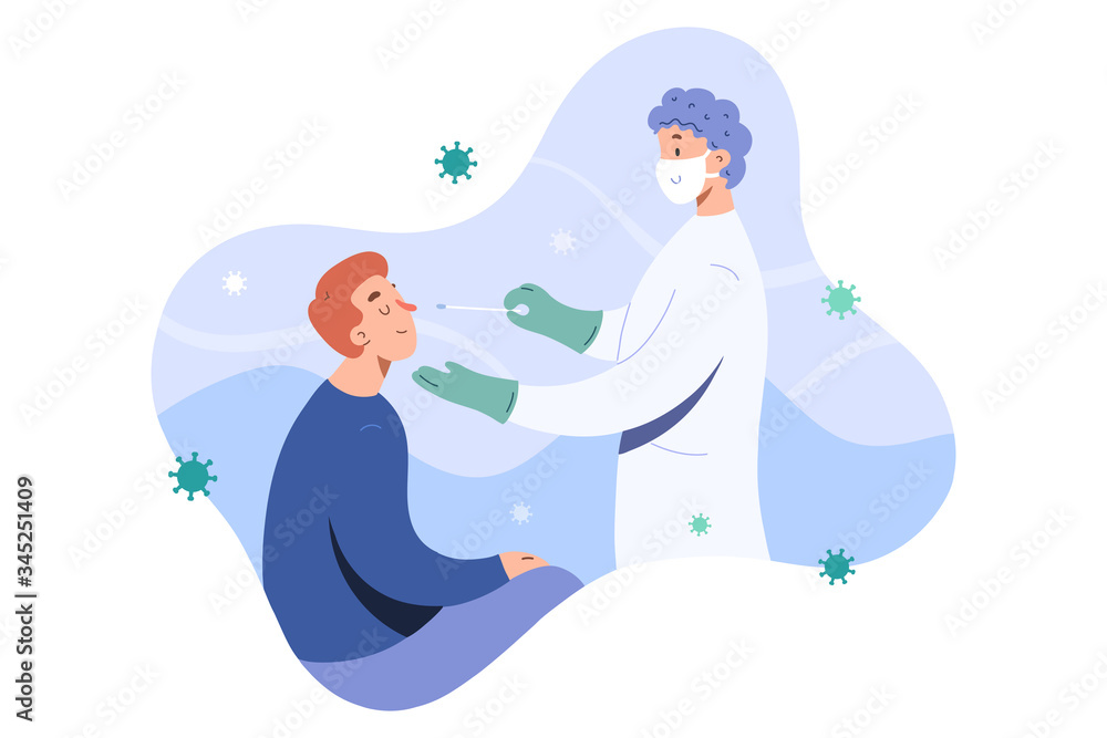 Obraz premium Covid test, doctor collects nose mucus by swab sample for covid-19 infection, patient being tested, lab analysis, medical checkup, flat cartoon vector illustration, friendly doctor in face mask