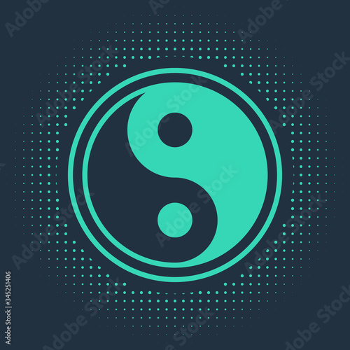 Green Yin Yang symbol of harmony and balance icon isolated on blue background. Abstract circle random dots. Vector Illustration