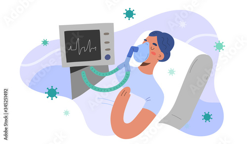 Artificial lung ventilation for covid patient, intensive care in hospital, woman infected by coronavirus in critical condition, vector illustration, cartoon character. Pulmonary ventilator
