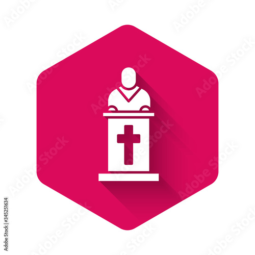 White Church pastor preaching icon isolated with long shadow. Pink hexagon button. Vector Illustration