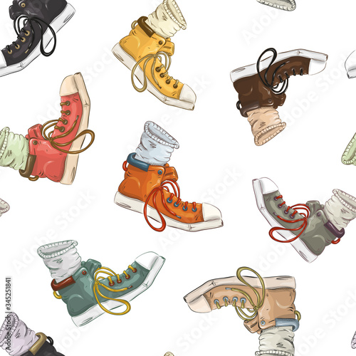 Seamless pattern of gym shoes of different colors and sizes on a white background. Sneaker for travel and brisk walking. Cartoon style. T-shirt design idea.