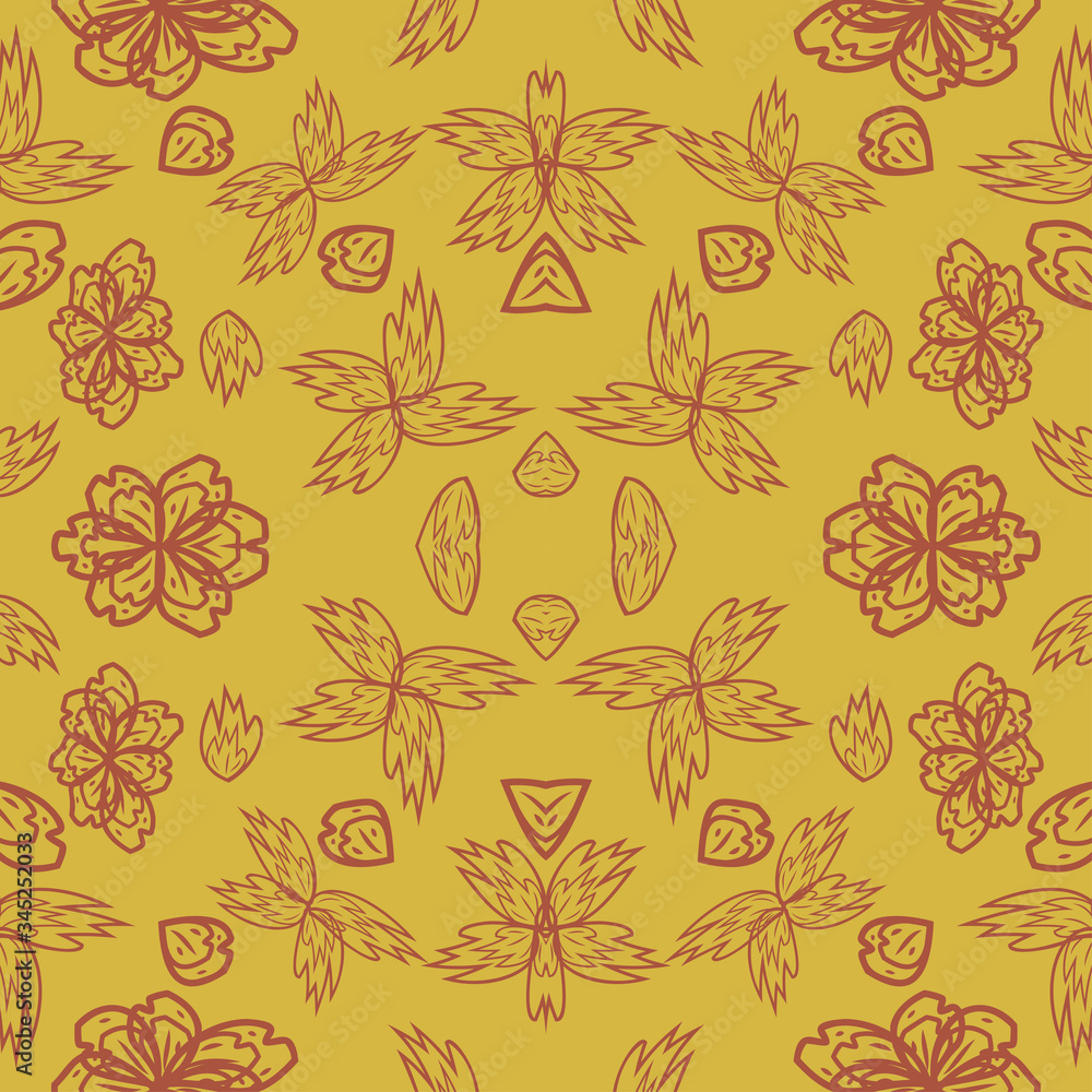 Fototapeta premium seamless pattern with leaves and flowers linocut style