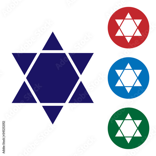 Blue Star of David icon isolated on white background. Jewish religion symbol. Symbol of Israel. Set icons in color square buttons. Vector Illustration