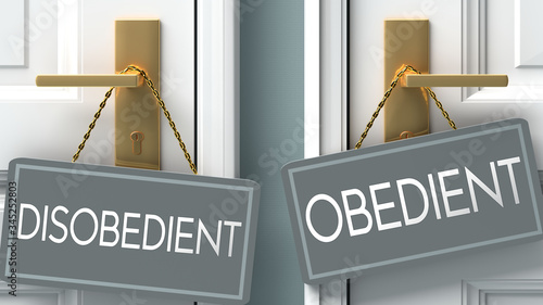 obedient or disobedient as a choice in life - pictured as words disobedient, obedient on doors to show that disobedient and obedient are different options to choose from, 3d illustration