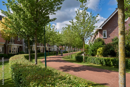 Residential street in the Netherlands with wide cycle lane, green hedge and no cars. Urbanism design for slow transportation neighbourhood                   © Donald