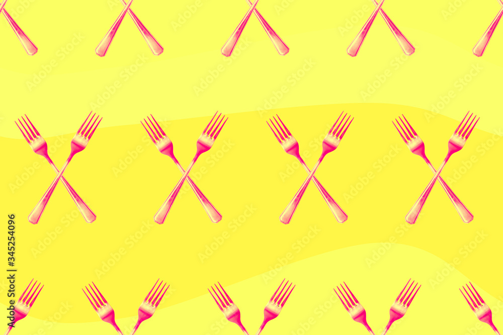 Yellow seamless pattern with forks on the theme of cuisine and food. Background for wallpaper, restaurant site, packaging or printing. Yellow seamless pattern with forks on the theme of cuisine and food. Background for wallpaper, restaurant site, packaging or printing.