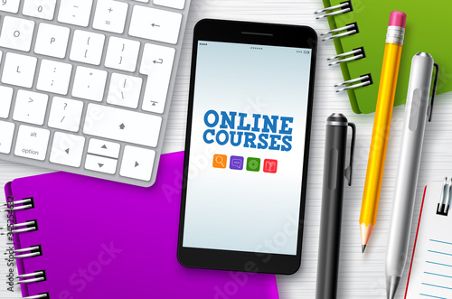 Online courses e-learning vector background. E-learning online courses text in mobile phone's screen with school elements and internet devices for home school education. Vector illustration.
