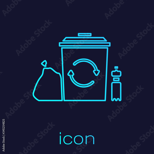 Turquoise line Recycle bin with recycle symbol icon isolated on blue background. Trash can icon. Garbage bin sign. Recycle basket.  Vector Illustration