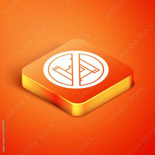 Isometric Say no to plastic bags poster icon isolated on orange background. Disposable cellophane and polythene package prohibition sign.  Vector Illustration