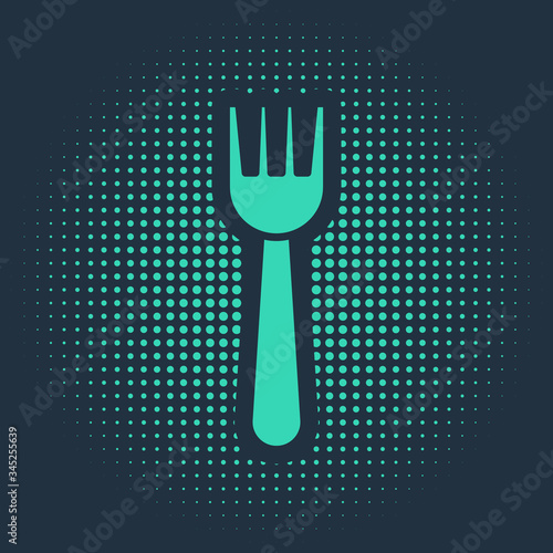 Green Disposable plastic fork icon isolated on blue background. Abstract circle random dots. Vector Illustration