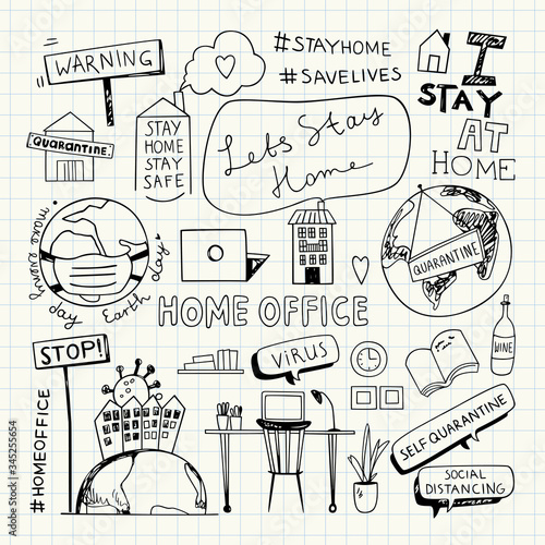 Stay Home Stay Safe Quote, Home Office Illustration, Concept, Earth Day Vector Illustration, Quarantine Lockdown doodles, Social Distancing, Work from home.