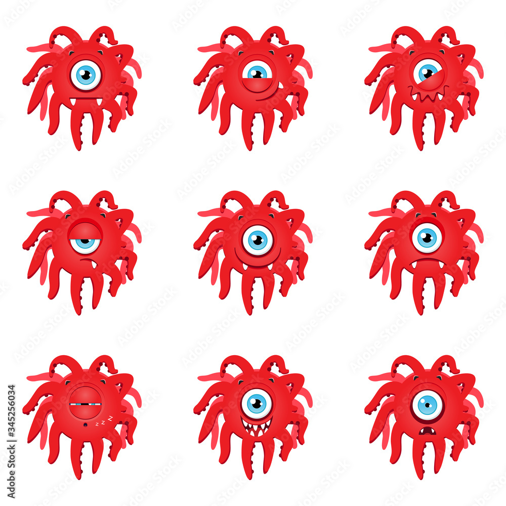 Monster emoji sticker pack. Set of emoticons in the shape of red ...