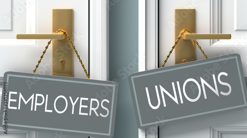 unions or employers as a choice in life - pictured as words employers, unions on doors to show that employers and unions are different options to choose from, 3d illustration photo