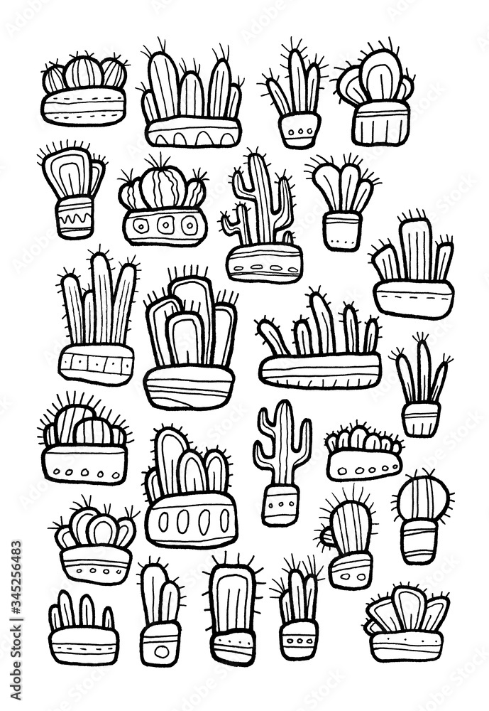 Large collection of hand drawn cactuses. Funny cacti isolated on the white background. Childrens drawing style.