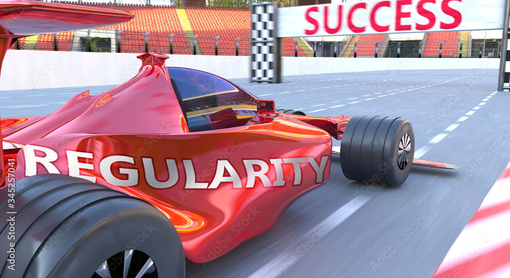 Naklejka premium Regularity and success - pictured as word Regularity and a f1 car, to symbolize that Regularity can help achieving success and prosperity in life and business, 3d illustration