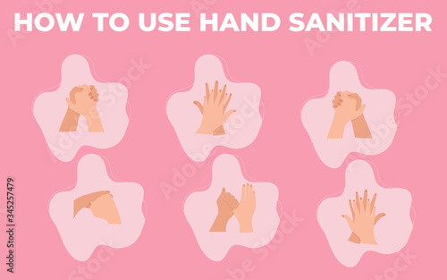 Personal hygiene wash hands alcohol sanitizer gel. Infographic how to use sanitizer to make base hygiene like a disease prevention.