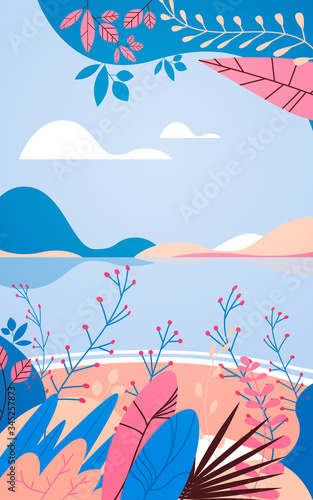 beautiful landscape with flowers and leaves floral spring poster vertical greeting card vector illustration