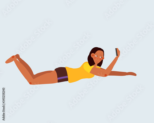 The girl is passionate about the phone, the concept of learning or working or communicating via the phone and the Internet