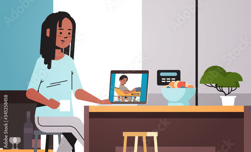 woman meeting with mix race friends during video call coronavirus quarantine stay home concept people having virtual fun live conference kitchen interior horizontal portrait vector illustration